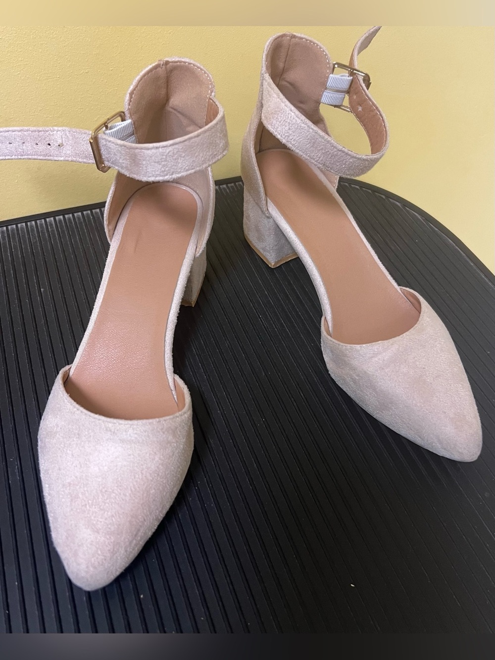Ankle-Strap Block Heel Pumps in Light Beige